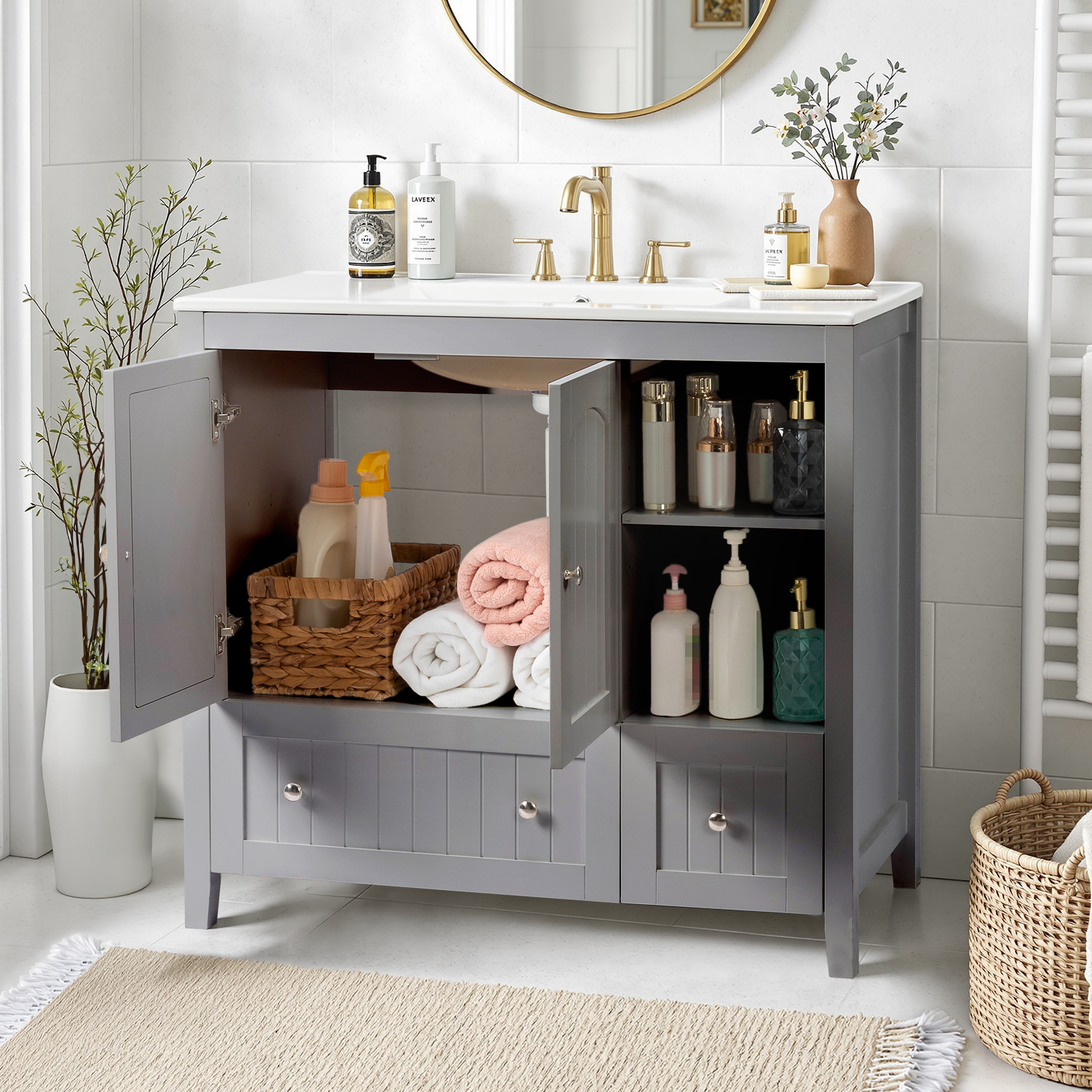 Grey MDF Lacquered Double Door & 2-Drawer Bathroom Vanity Cabinet with Decorative Molding - 91x46x82cm