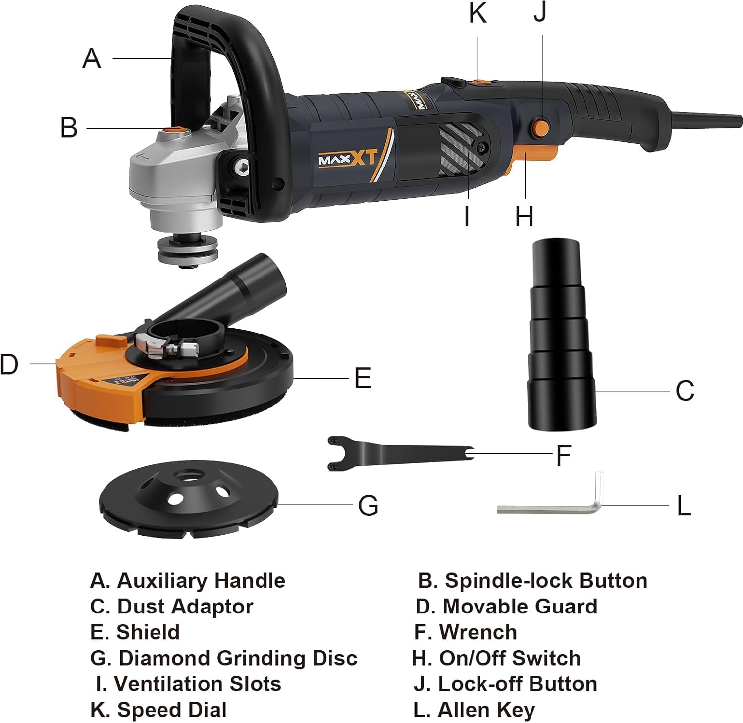 5 Inch Concrete Surfacing Grinder, 1500W 14A Motor, 7 Adjustable Speed Angle Grinder Kit with Diamond Disc