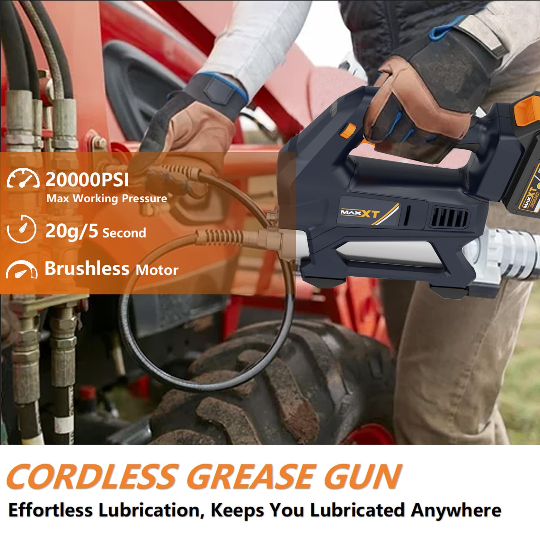 Heavy Equipment Grease Gun Cordless, Max 20000 PSI 20V Grease Gun Battery Powered with 4.0Ah Battery and Quick Charger view 5