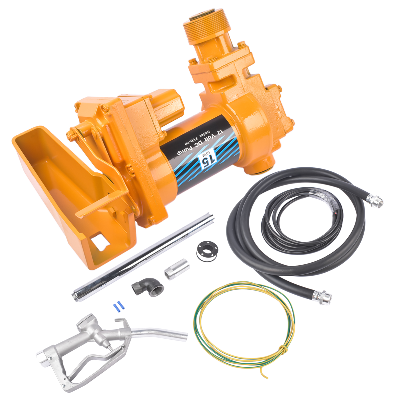 12V 15 GPM Yellow Fuel Transfer Pump + Discharge Hose + Manual Nozzle Kit