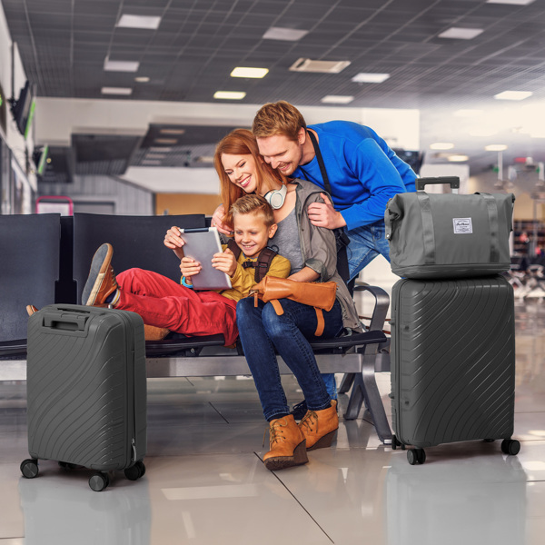 4-Piece Luggage Set with 2 Handbags & 8-Piece Toiletry Kit – Durable PP Suitcase (18in/20in/24in/28in) + 30L Travel Tote + 3L Crossbody Wash Bag – Iron Telescopic Handle – Dark Gray