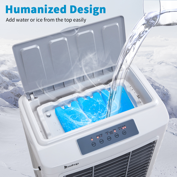 3 in 1 Portable Evaporative Cooler With dust filter,Indoor,Outdoor,4118CFM Personal Air Cooler with remote control and LCD screen,13.2 Gal Large Water Tank & Scroll Casters, 4 Ice Packs,White