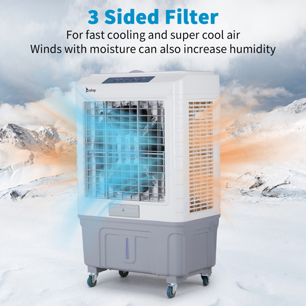 3 in 1 Portable Evaporative Cooler With dust filter,Indoor,Outdoor,4118CFM Personal Air Cooler with remote control and LCD screen,13.2 Gal Large Water Tank & Scroll Casters, 4 Ice Packs,White