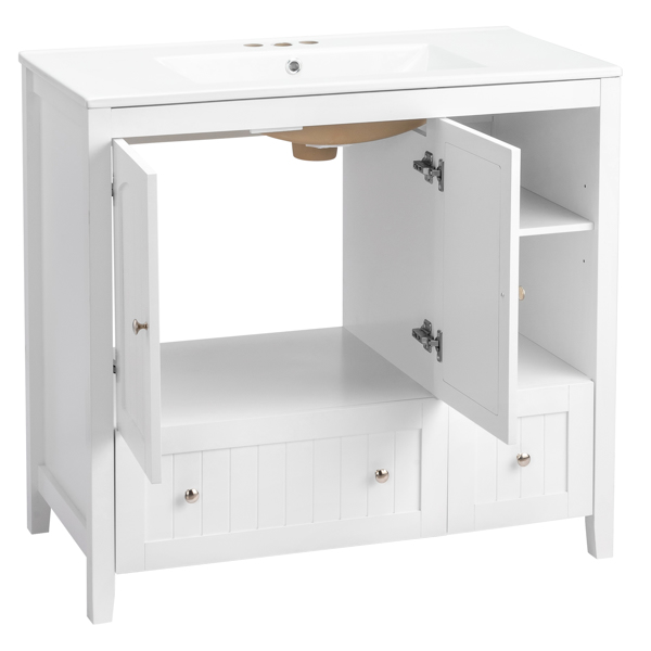 Without Basin White MDF spray paint double door double drawer with decorative strips bathroom cabinet 91*46*82cm