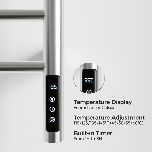Brushed Nickel Heated Towel Rack for Bathroom,Wall Mounted with Intelligent Touch Screen Timer, 9-Bar Towel Warmer, 304 Stainless Steel Polished, Plug-in/Hard-Wired[Unable to ship on weekends]