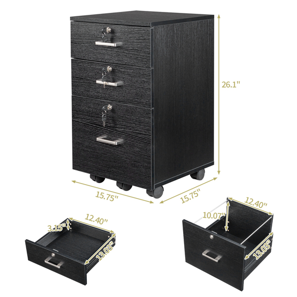 FCH Black Wood Grain Density Board Three Drawers Wooden Filing Cabinet