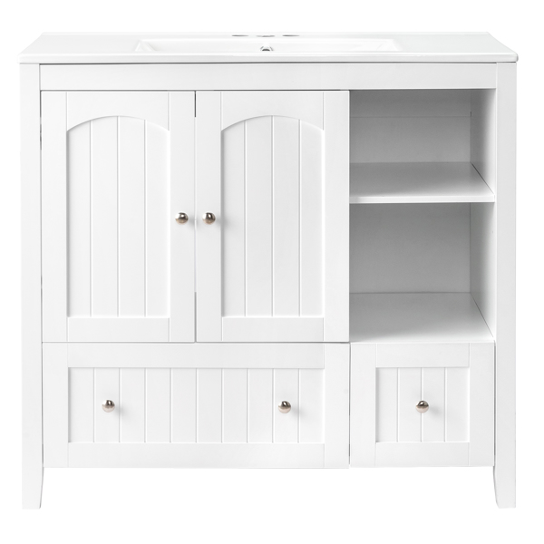 Without Basin White MDF spray paint double door double drawer with decorative strips bathroom cabinet 91*46*82cm