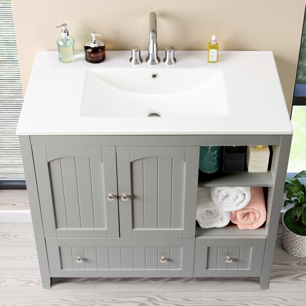 With Basin Grey MDF Lacquered Double Door & 2-Drawer Bathroom Vanity Cabinet with Decorative Molding - 91x46x82cm