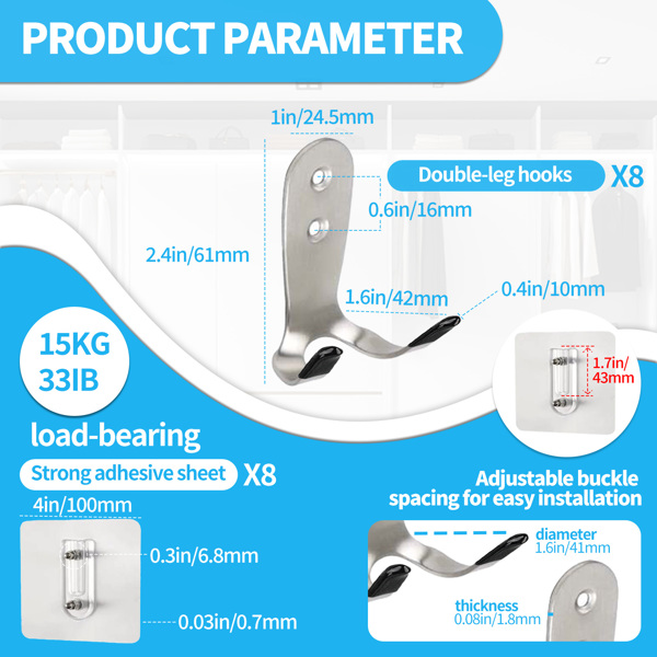 Stainless steel large-sized double-ended hook without drilling holes for kitchen and bathroom storage, suitable for hanging clothes and other items