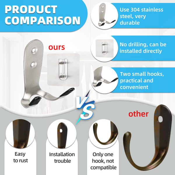 Stainless steel large-sized double-ended hook without drilling holes for kitchen and bathroom storage, suitable for hanging clothes and other items