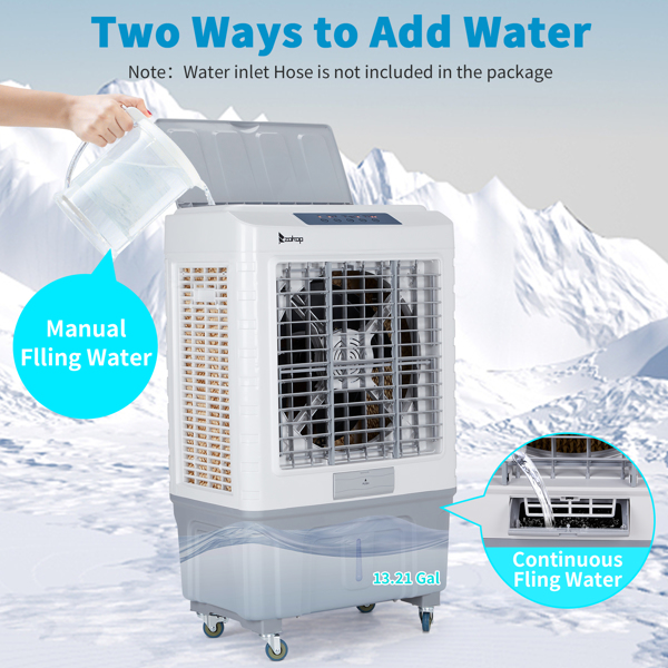 3 in 1 Portable Evaporative Cooler With dust filter,Indoor,Outdoor,4118CFM Personal Air Cooler with remote control and LCD screen,13.2 Gal Large Water Tank & Scroll Casters, 4 Ice Packs,White
