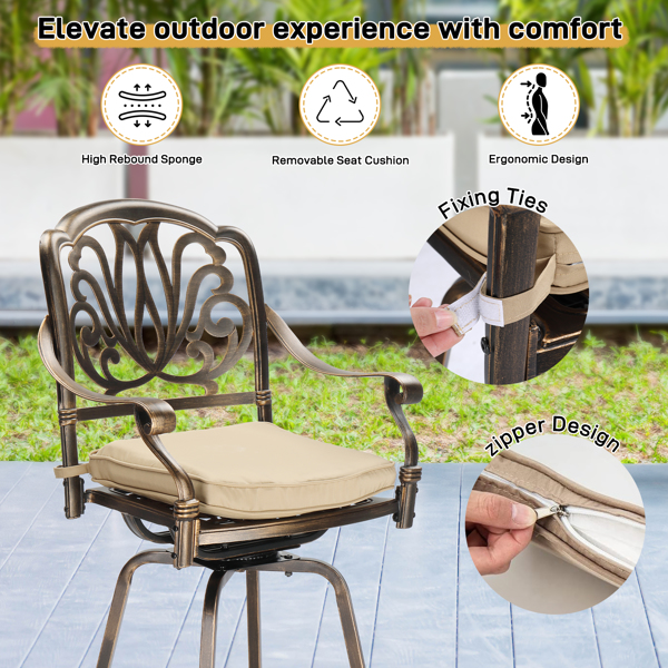 Outdoor Swivel Bar Stools Set of 2, Cast Aluminum Patio Bar Height Chairs, All-Weather Bar Dining Chairs Outdoor Swivel Chairs Furniture (Elizabethan Back)