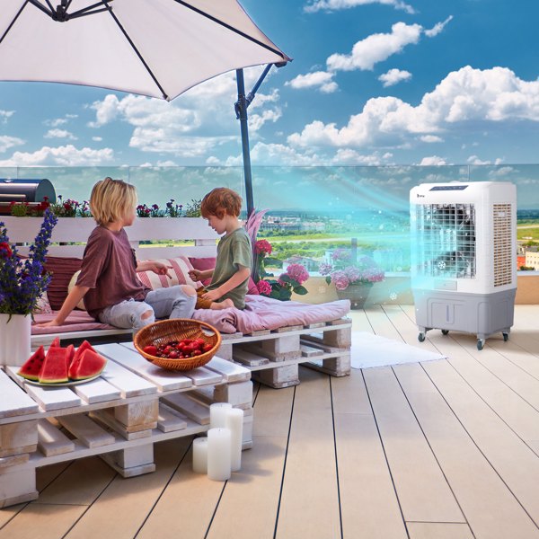 3 in 1 Portable Evaporative Cooler With dust filter,Indoor,Outdoor,4118CFM Personal Air Cooler with remote control and LCD screen,13.2 Gal Large Water Tank & Scroll Casters, 4 Ice Packs,White