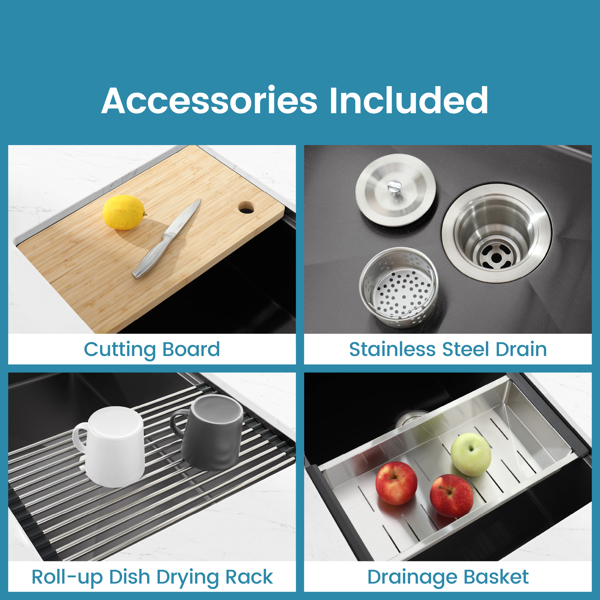 不锈钢厨房水槽，30“x19”单碗，黑色底装手工水槽，带砧板，Colander【周末不发货，TK/TEMU订单仅支持自提】-11
