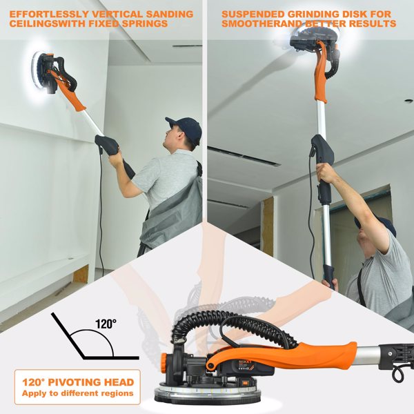 Drywall Sander with Vacuum Dust Collection, 6 Variable Speed Foldable Telescopic Electric Wall Sander, Popcorn Ceiling Removal Tool, 1900RPM Power Sander Tool, LED Light, 18Pcs Sanding Discs[Unable to