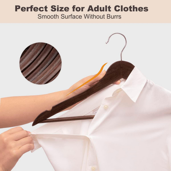 10 - Pack Wood Hangers in Walnut Color. Heavy - Duty, Non - Slip and Durable, Perfect for Organizing Coats, Shirts, Jackets, Pants, Suits, and Saving Closet Space