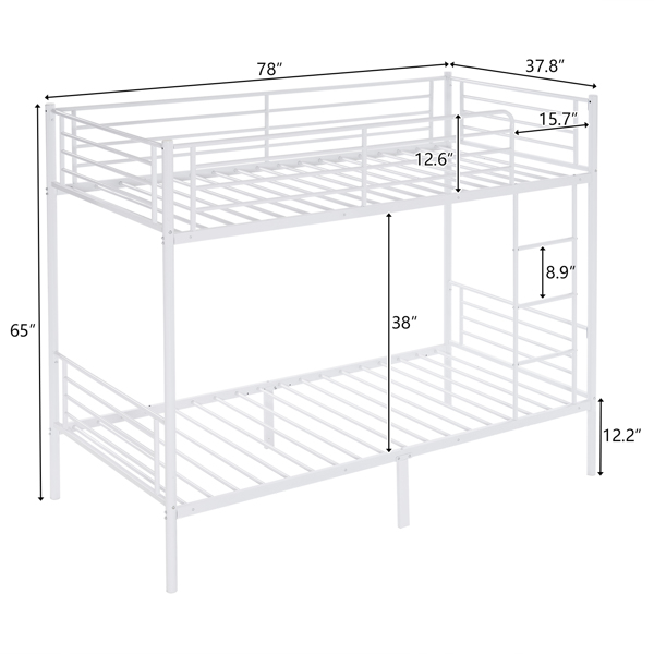 【Same Code：99091194】Twin Over Twin Bunk Bed for Kids Teens Adults, Heavy Duty Metal Bunk Bed with Ladder & Full-Length Guard Rail & Storage Space, White