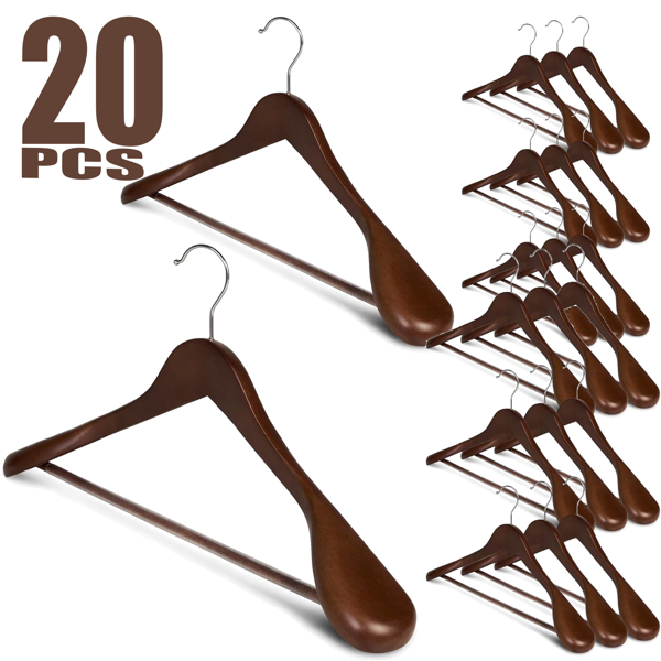 20-Pack Wide Shoulder Wooden Hangers - Heavy Duty Suit Hangers with Non-Slip Pants Bar, Smooth Finish, 360° Swivel Hook for Jackets, Sweaters, Shirts, and Coats - Walnut Wood Closet Organizers