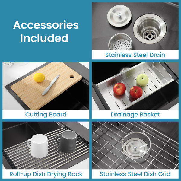 不锈钢厨房水槽，30“x22”单碗，黑色超装手工水槽，带砧板、滤锅、格栅【周末不发货，TK/TEMU订单仅支持自提】-11