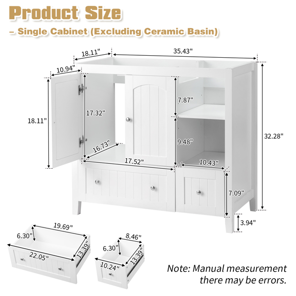 Without Basin White MDF spray paint double door double drawer with decorative strips bathroom cabinet 91*46*82cm