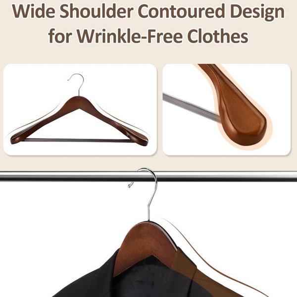 20-Pack Wide Shoulder Wooden Hangers - Heavy Duty Suit Hangers with Non-Slip Pants Bar, Smooth Finish, 360° Swivel Hook for Jackets, Sweaters, Shirts, and Coats - Walnut Wood Closet Organizers