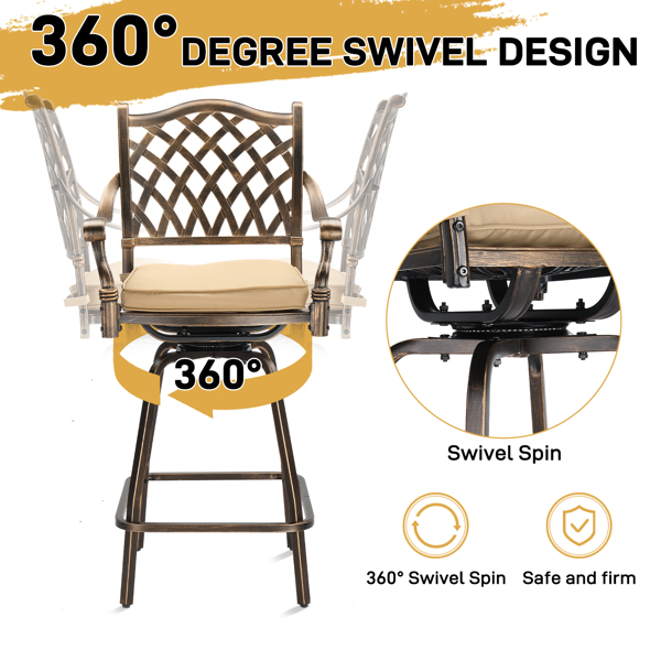 Outdoor Swivel Bar Stools Set of 2, Cast Aluminum Patio Bar Height Chairs, All-Weather Bar Dining Chairs Outdoor Swivel Chairs Furniture (Grid Back)