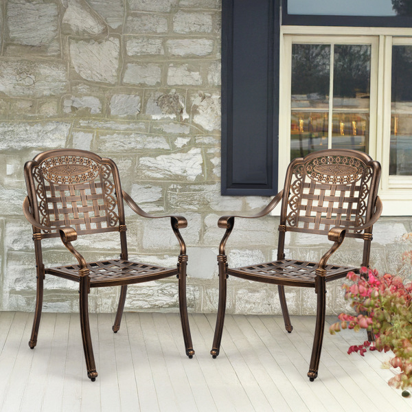 Patio Chairs Set of 2 - Stackable Outdoor Cast Aluminum Dining Chairs with Vintage Bronze Finish and Plaid Pattern, Metal Armchairs for Poolside, Backyard, Balcony (No cushion)