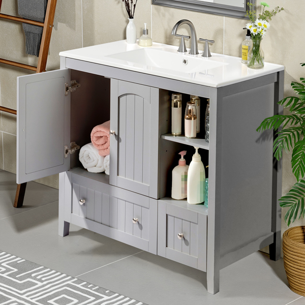With Basin Grey MDF Lacquered Double Door & 2-Drawer Bathroom Vanity Cabinet with Decorative Molding - 91x46x82cm