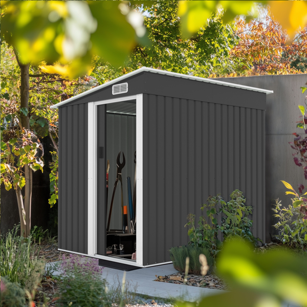 5*7FT Outdoor Storage Shed, Metal Garden Storage House with Slanted Roof & Double Sliding Doors for Backyard Outdoor Patio, Black