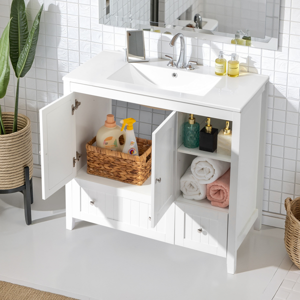 Without Basin White MDF spray paint double door double drawer with decorative strips bathroom cabinet 91*46*82cm