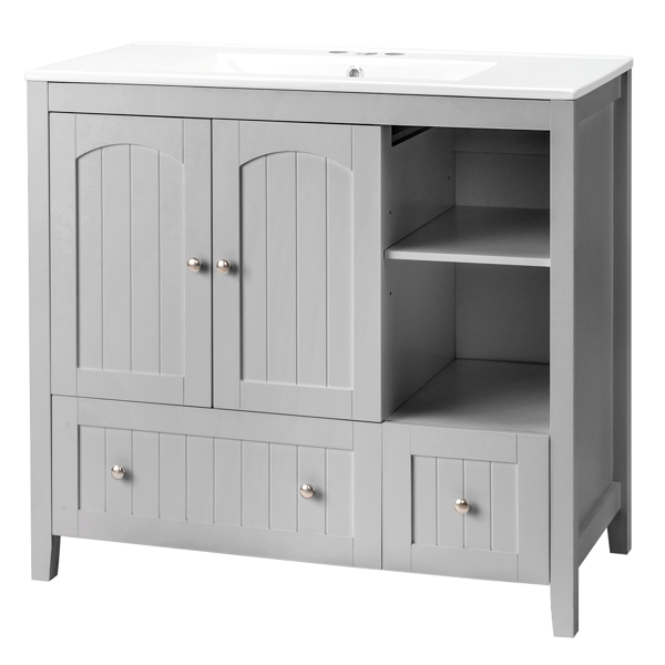 With Basin Grey MDF Lacquered Double Door & 2-Drawer Bathroom Vanity Cabinet with Decorative Molding - 91x46x82cm