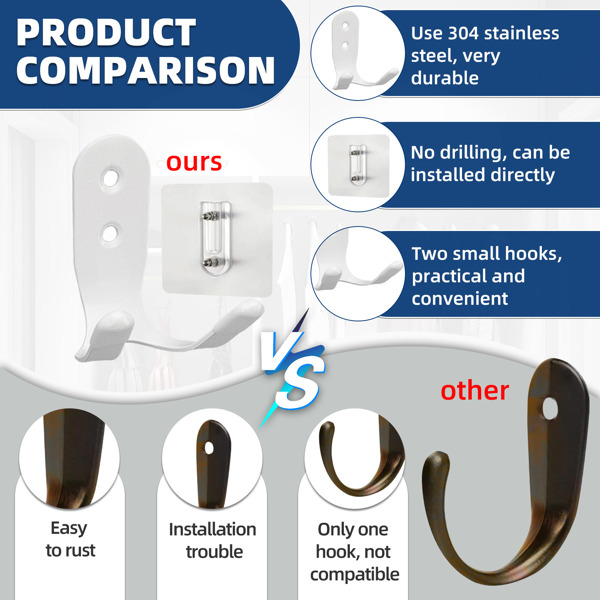 Stainless steel large-sized double-ended hook without drilling holes for kitchen and bathroom storage, suitable for hanging clothes and other items