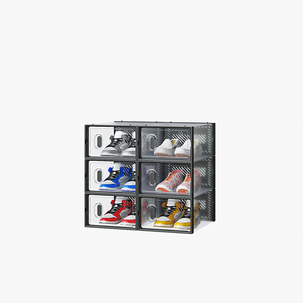 6-Piece Small Black Plastic Mesh Shoe Box Set - 33x23x14cm, Modular Design for Home Storage