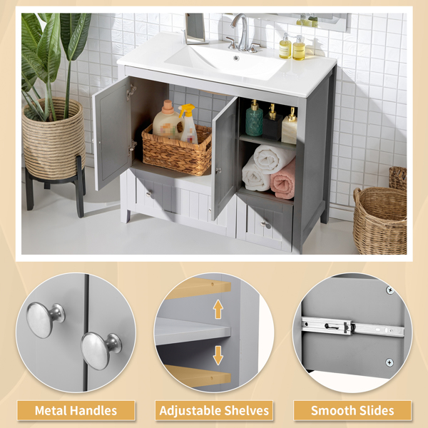 With Basin Grey MDF Lacquered Double Door & 2-Drawer Bathroom Vanity Cabinet with Decorative Molding - 91x46x82cm