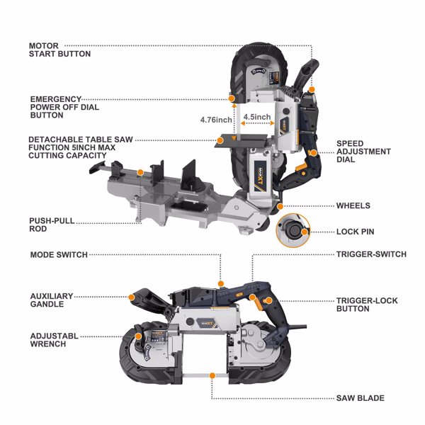 Band Saw with Lightweight Aluminum Base, 10 Amp 5 Inch Deep Cut Bandsaw, Variable Speed Handheld Automatic Multipurpose Cut with Carrying Wheels Portable Metal Saw[Unable to ship on weekends]
