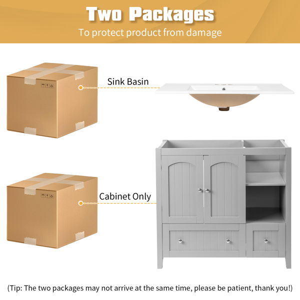With Basin Grey MDF Lacquered Double Door & 2-Drawer Bathroom Vanity Cabinet with Decorative Molding - 91x46x82cm