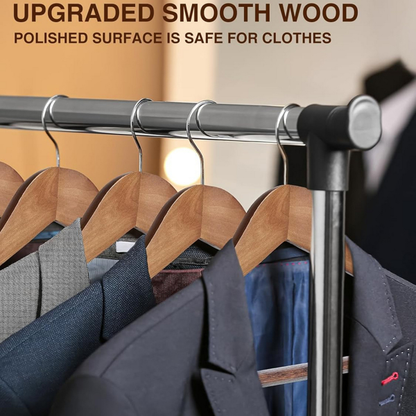 20-Pack Wide Shoulder Wooden Hangers - Heavy Duty Suit Hangers with Non-Slip Pants Bar, Smooth Finish, 360° Swivel Hook for Jackets, Sweaters, Shirts, and Coats - Walnut Wood Closet Organizers