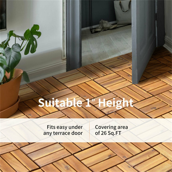 27 Pieces 12 x 12 Inch outdoor floor tiles，Acacia Wood Interlocking Patio Deck Tile