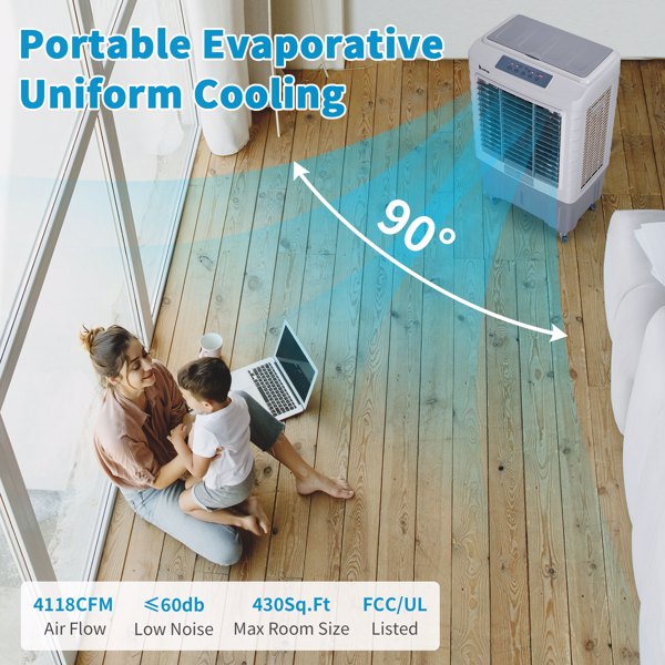 3 in 1 Portable Evaporative Cooler With dust filter,Indoor,Outdoor,4118CFM Personal Air Cooler with remote control and LCD screen,13.2 Gal Large Water Tank & Scroll Casters, 4 Ice Packs,White