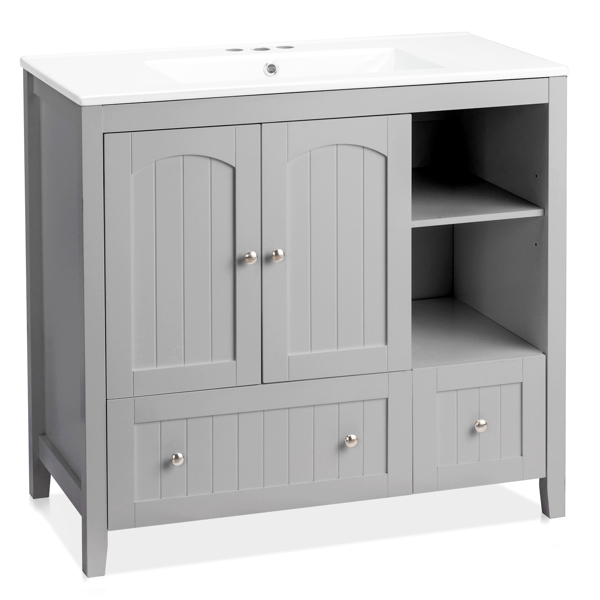 With Basin Grey MDF Lacquered Double Door & 2-Drawer Bathroom Vanity Cabinet with Decorative Molding - 91x46x82cm