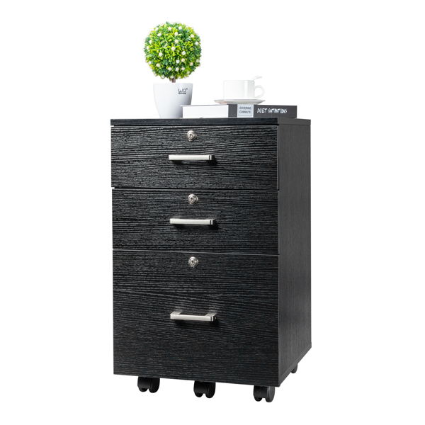 FCH Black Wood Grain Density Board Three Drawers Wooden Filing Cabinet