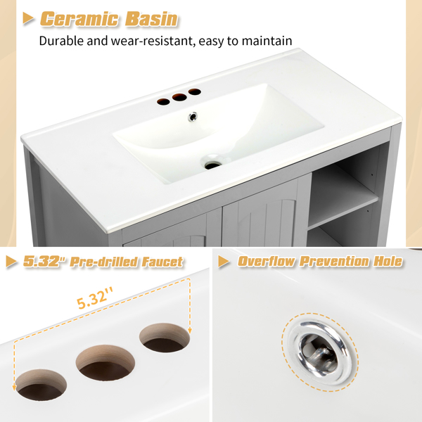 With Basin Grey MDF Lacquered Double Door & 2-Drawer Bathroom Vanity Cabinet with Decorative Molding - 91x46x82cm