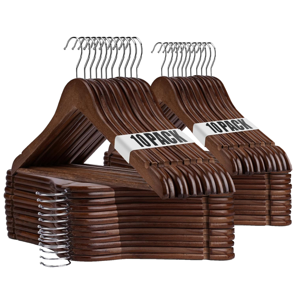 20 - Pack Walnut Wood Hangers: Heavy - Duty, Non - Slip, Ideal for Suits, Jeans & Shirts - Space - Saving Closet Organizers