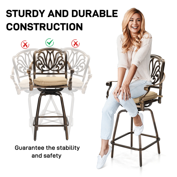 Outdoor Swivel Bar Stools Set of 2, Cast Aluminum Patio Bar Height Chairs, All-Weather Bar Dining Chairs Outdoor Swivel Chairs Furniture (Elizabethan Back)