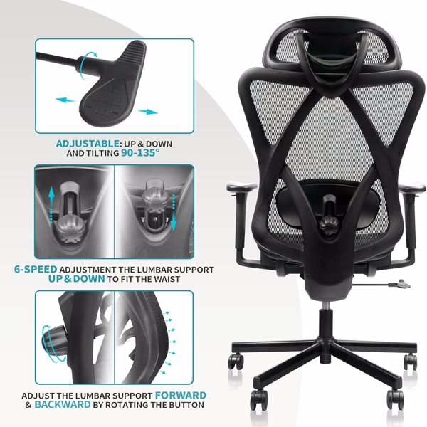 Mesh Office Chair Back Height Adjustable with Wheel Legs,Lumbar Support, Adjustable Armrest,Adjustable Headrest,Tilt