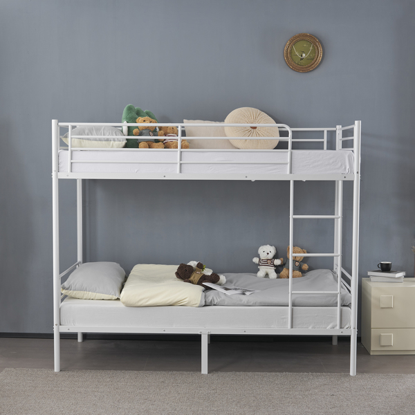 【Same Code：99091194】Twin Over Twin Bunk Bed for Kids Teens Adults, Heavy Duty Metal Bunk Bed with Ladder & Full-Length Guard Rail & Storage Space, White