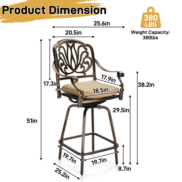 Outdoor Swivel Bar Stools Set of 2, Cast Aluminum Patio Bar Height Chairs, All-Weather Bar Dining Chairs Outdoor Swivel Chairs Furniture (Elizabethan Back)