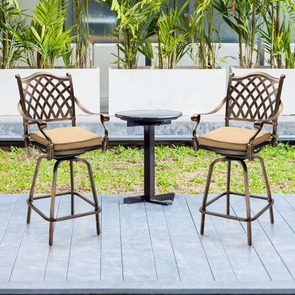 Outdoor Swivel Bar Stools Set of 2, Cast Aluminum Patio Bar Height Chairs, All-Weather Bar Dining Chairs Outdoor Swivel Chairs Furniture (Grid Back)