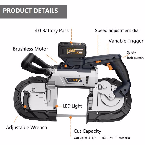5 inch Cordless Bandsaw, MAXXT 20V Brushless Power Band Saw, 4AH Battery, 6 Speeds Adjustable, Not Hot Sparks When Cutting Metal, Portable Band Saw for Deep Cut[Unable to ship on weekends]