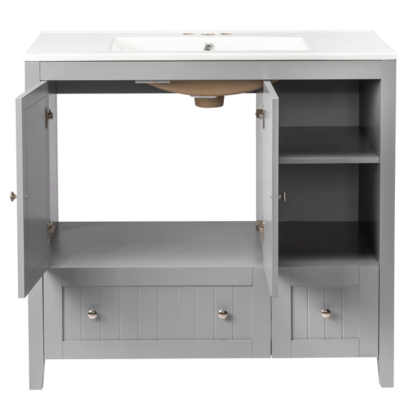 With Basin Grey MDF Lacquered Double Door & 2-Drawer Bathroom Vanity Cabinet with Decorative Molding - 91x46x82cm